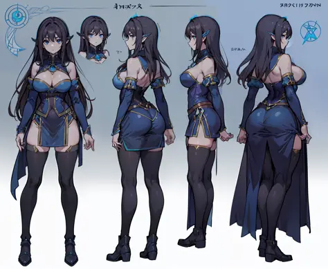 1woman, reference sheet, matching outfit, (fantasy character design, front, back, side) dark brown hair, blue eyes. mage outfit, ancient runes on clothing, stockings. lean athletic build. neatly kept, long hair. large hips, thick thighs. Large chest, endow...