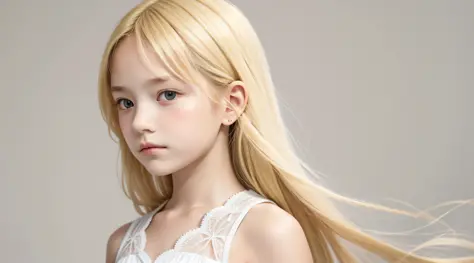 Masterpiece, best quality, realistic, 10 year old child girl with blonde hair, long hair, broad shoulders, small head, upper bod...
