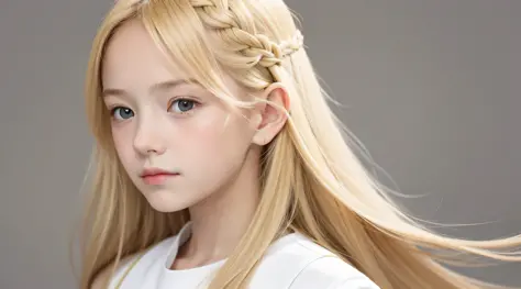 Masterpiece, best quality, realistic, 10 year old child girl with blonde hair, long hair, broad shoulders, small head, upper bod...