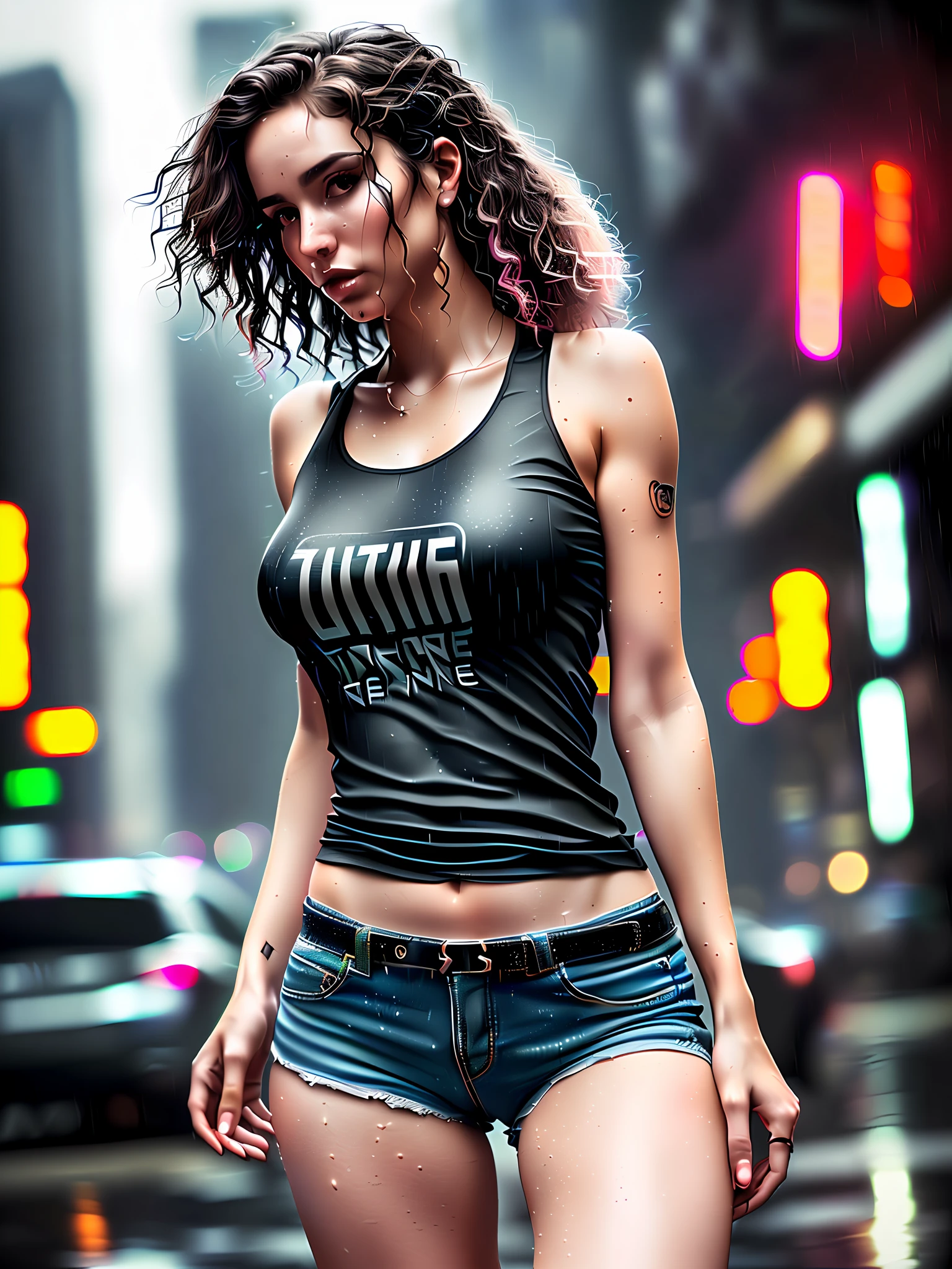 Arafed woman in a black tank top and denim shorts walking down a city  street - SeaArt AI