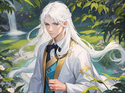 Masterpiece, super-fine, semi-realistic, detailed facial features, 1boy, white hair, long hair, wearing exquisite fairy costumes