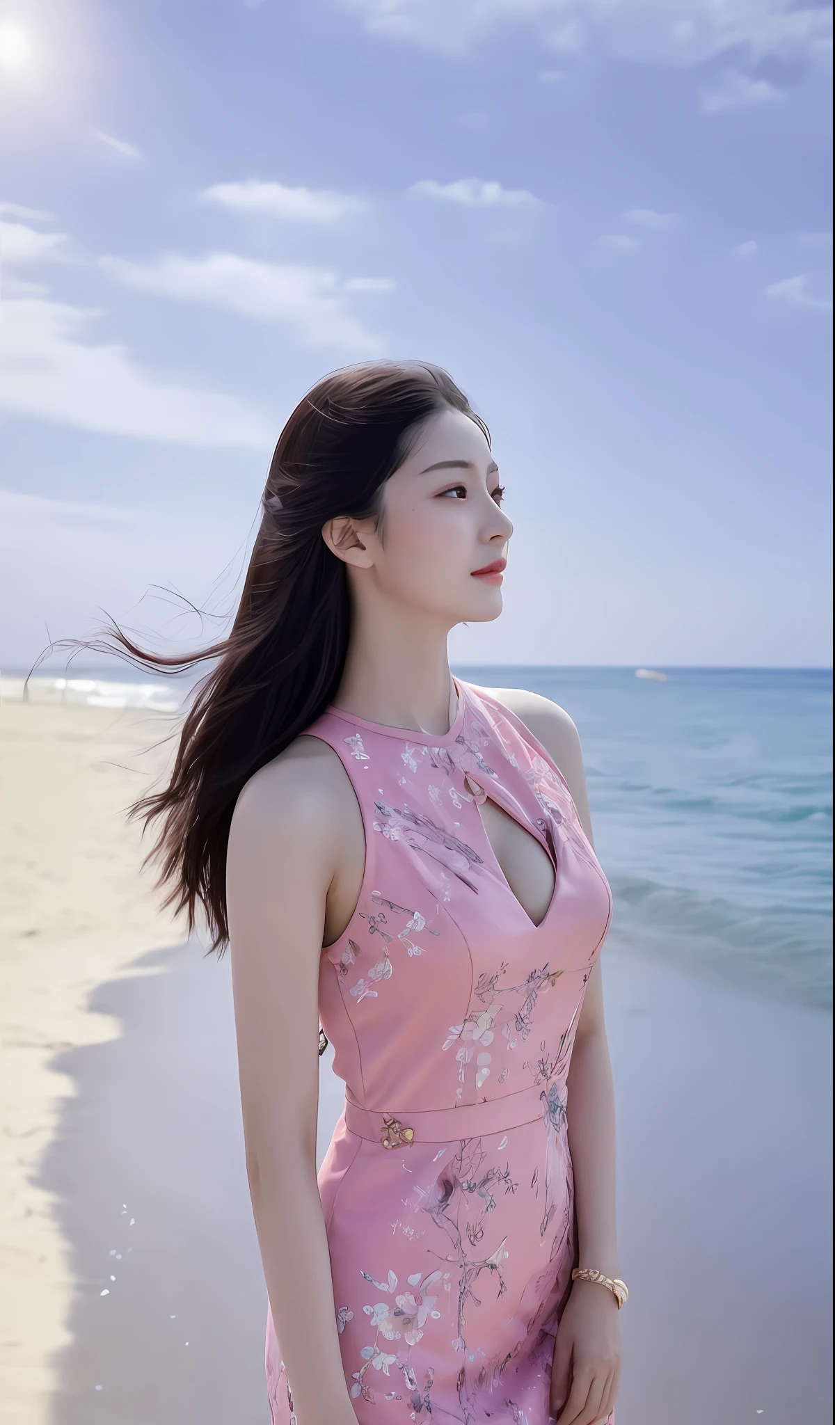 (шедевр), (Лучшее качество), (подробный), 1 девочка, 22 года, игривое выражение лица, большая грудь, длинные волосы, красивый, естественный, незащищенный, Алафидская женщина в розовом платье стоит на пляже, Шаси, морская королева Му Яньлин, Ruan Jia красивый! , фото на обложке портрет Ду Цзюань, Ли Цзысинь, Вдохновленный Тан Ифэнь, Чэнь Синьтун, Е Вэньфэй, вдохновленный Се Суном, Мэй Цин, вдохновленный Чэн Цзясуй, вдохновленный Ма Юаньюй