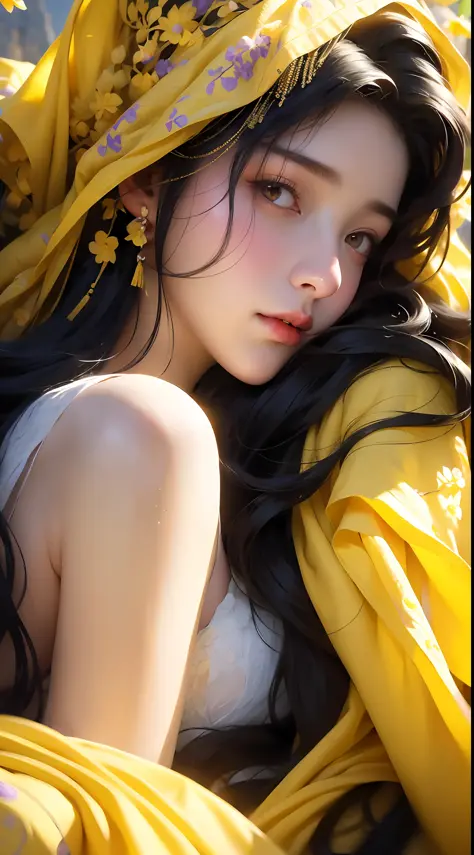 1 girl, upper body portrait close-up, black hair, flowing hair, hazy beauty, extremely beautiful facial features, yellow embroidered dress, hairpins on the head, lying in a bush, purple flowers, (spring, rainy days, terraces, mountains), simple vector art,...