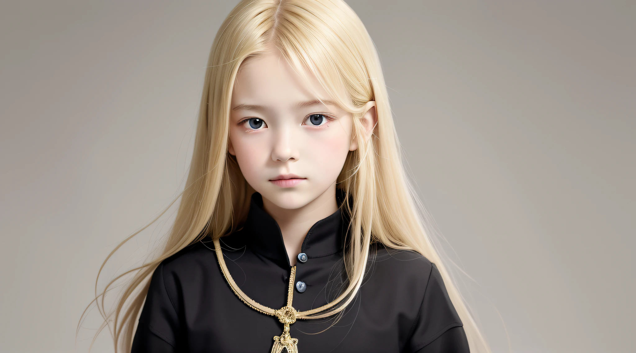 Masterpiece, best quality, realistic, 10 year old  girl with blonde hair, long hair, broad shoulders, small head, upper body, (white background: 1.3), closed mouth.