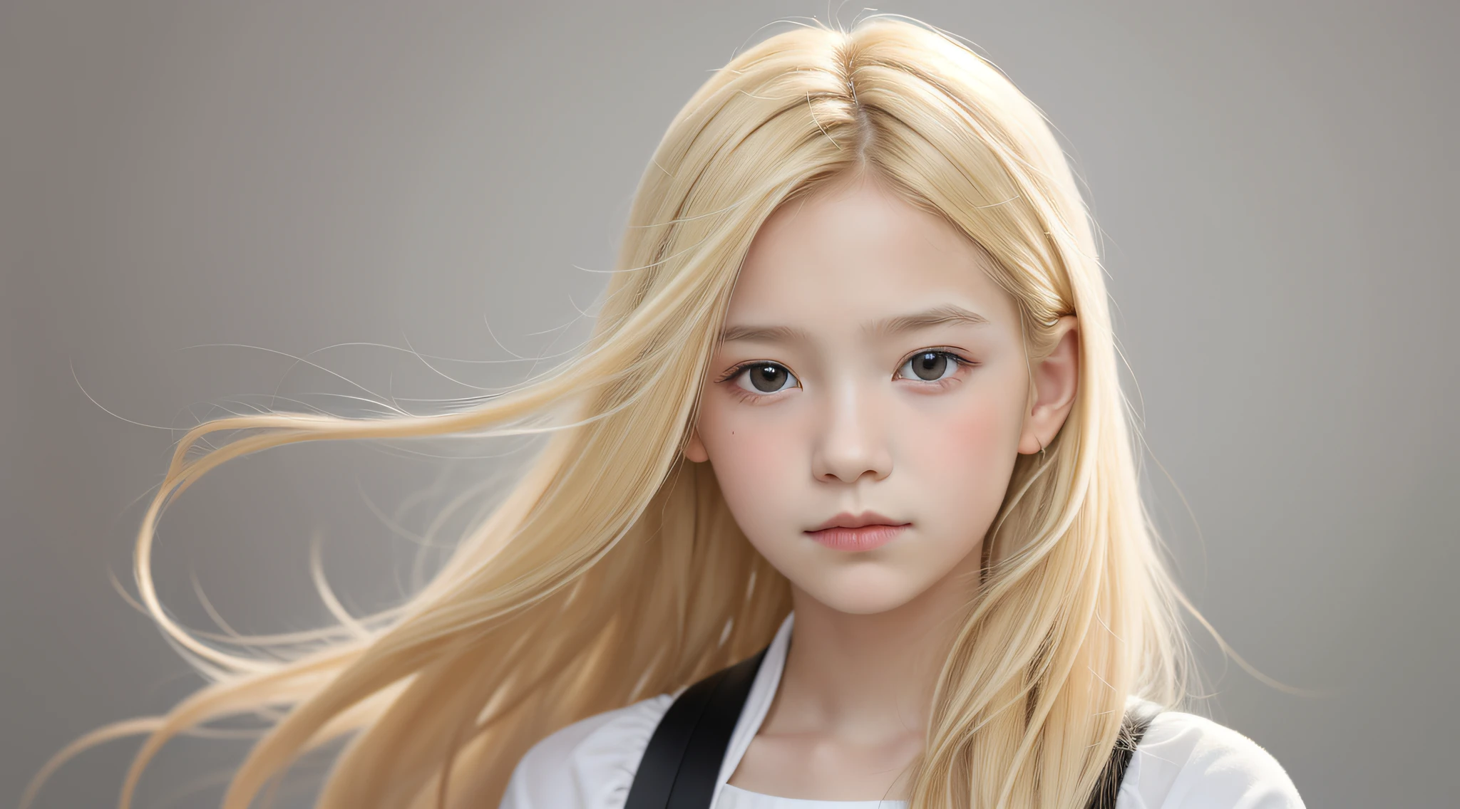 Masterpiece, best quality, realistic, 10 year old  girl with blonde hair, long hair, broad shoulders, small head, upper body, (white background: 1.3), closed mouth.