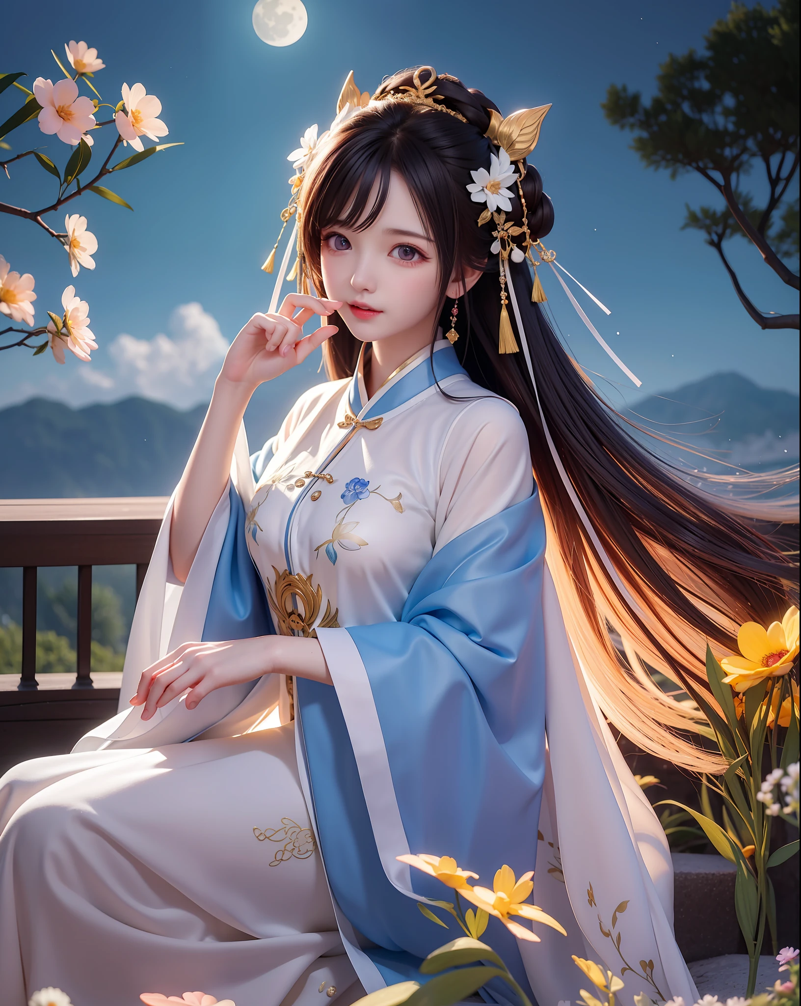 (8k, RAW photo:1.2), best quality, ultra high res,dramatic angle,(fluttered detailed color splashs), (illustration),(((1 girl))),(long hair),(rain:0.9), (Headdress:1.4),There is an ancient palace beside the girl,Hanfu,(Key Points),Color ink painting,(Splash of Color),Splash of Color,(((colorful))),(sketch:0.8) , Masterpiece, best quality, beautiful painted, highly detailed,(denoising:0.6),[splash ink],((ink refraction)), (beautiful detailed sky),moon,highly,detaild,(masterpiece, best quality, extremely detailed） CG Unity 8k Wallpaper，masterpiece，best quality，Ultra Detailed），（Lycoris），