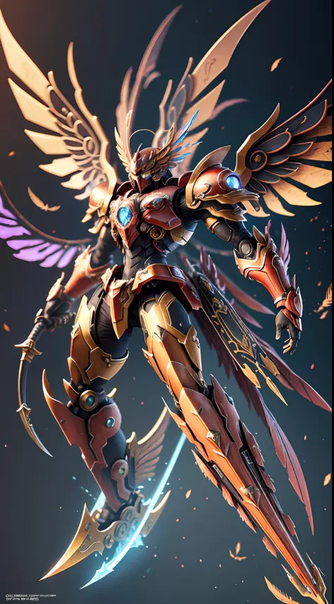 Steampunk style, cold colors, cinematic effects, futuristic sci-fi mecha God of War, red and yellow mecha metal luster is strong, the back is flanked by metallic wings, the wings are feathers, the wings are layered, holding a blue Fang Tian Halberd, Fang T...