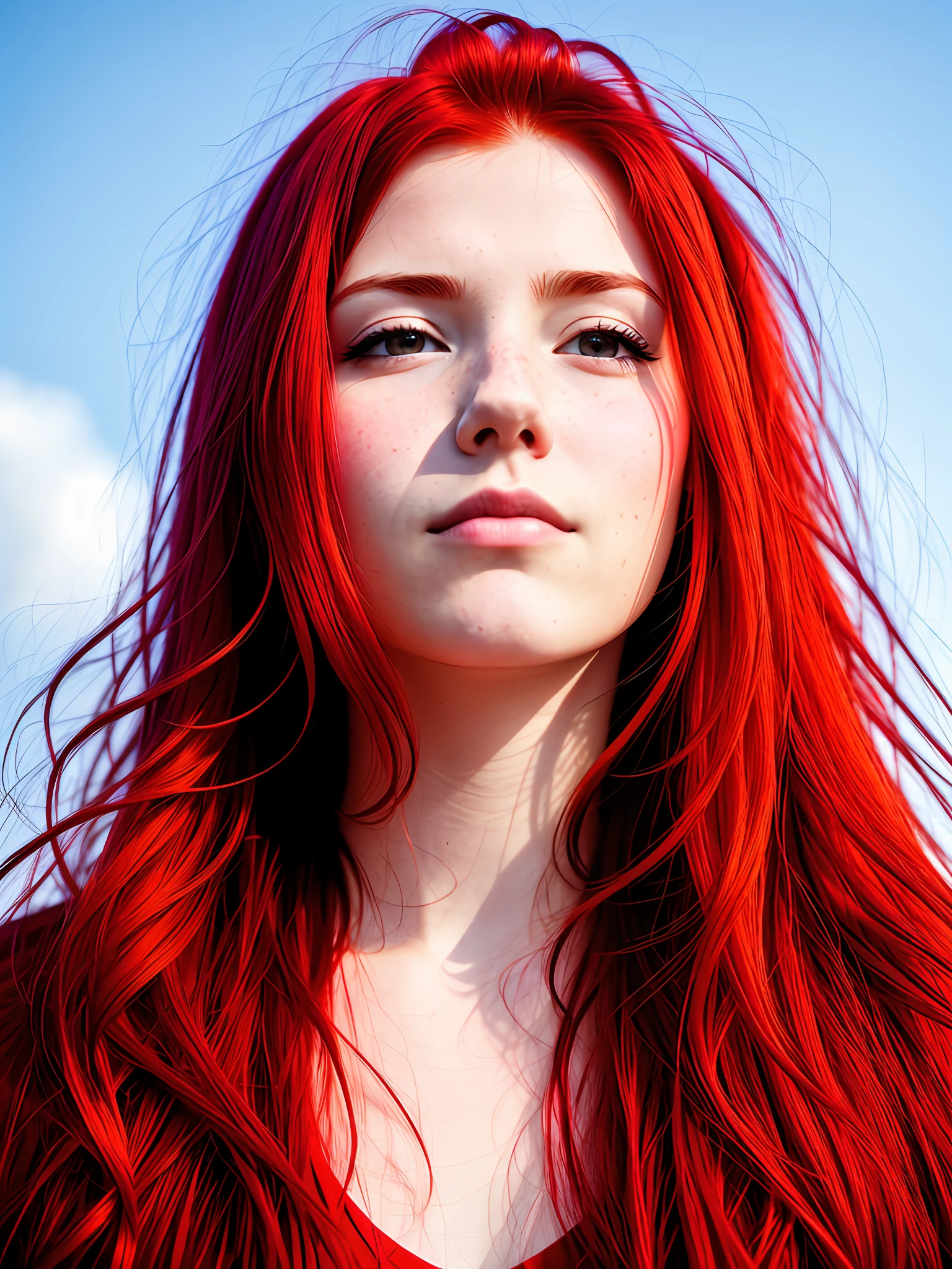 red-haired face, looking up, front, nose up up, face serious, looking up, long hair,