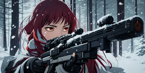 Anime character with gun and wearing cape, in Snowy Forest with falling snow, Alena Aenami and Artgerm, Art in the style of Guwe...