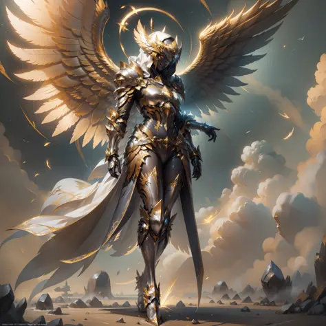Golden armored angel, wings made of energy, metal halo, no face, hooded, gold, fantasy, concept art, ultra realistic, character art by greg rutkowski