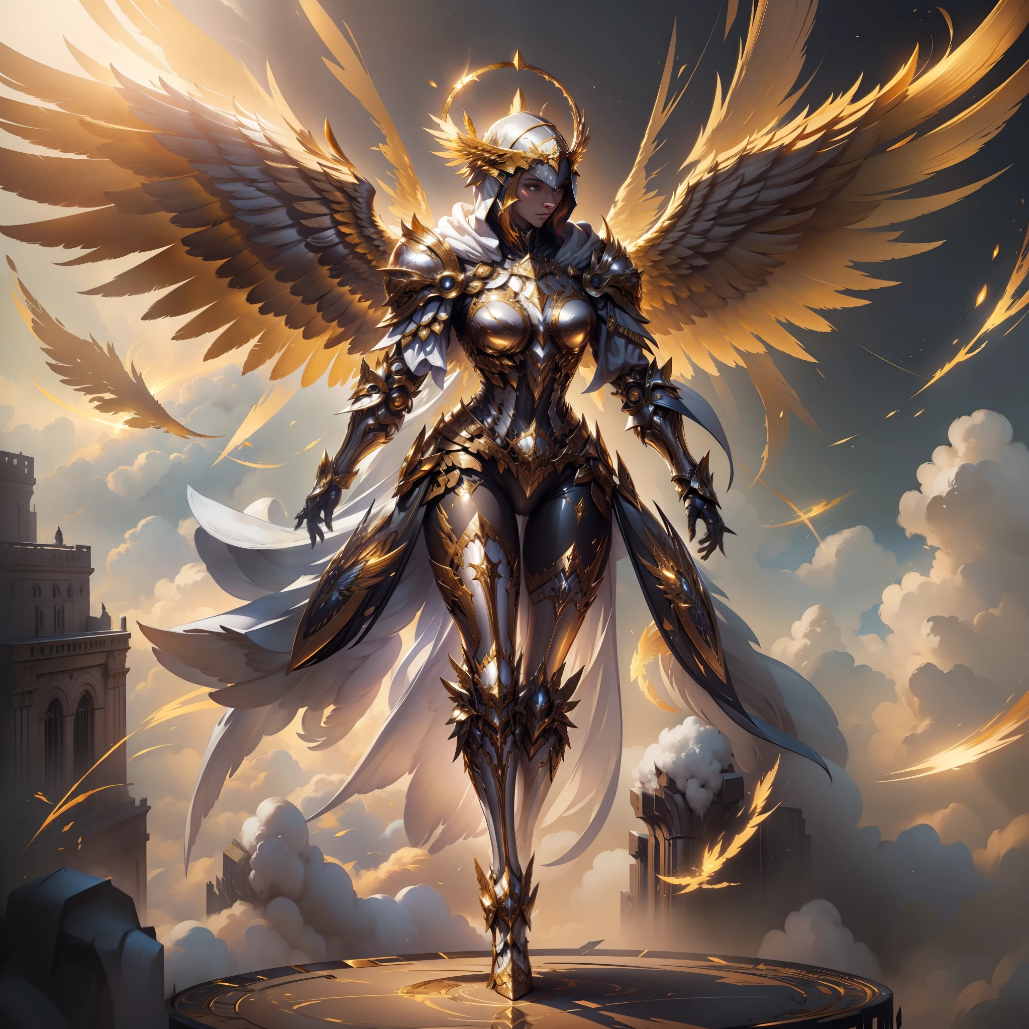 Ángel con armadura dorada, alas hechas de energía, metal halo, No cara, encapuchado, oro, Fantasía, arte conceptual, ultra realista, arte de personajes por greg rutkowski