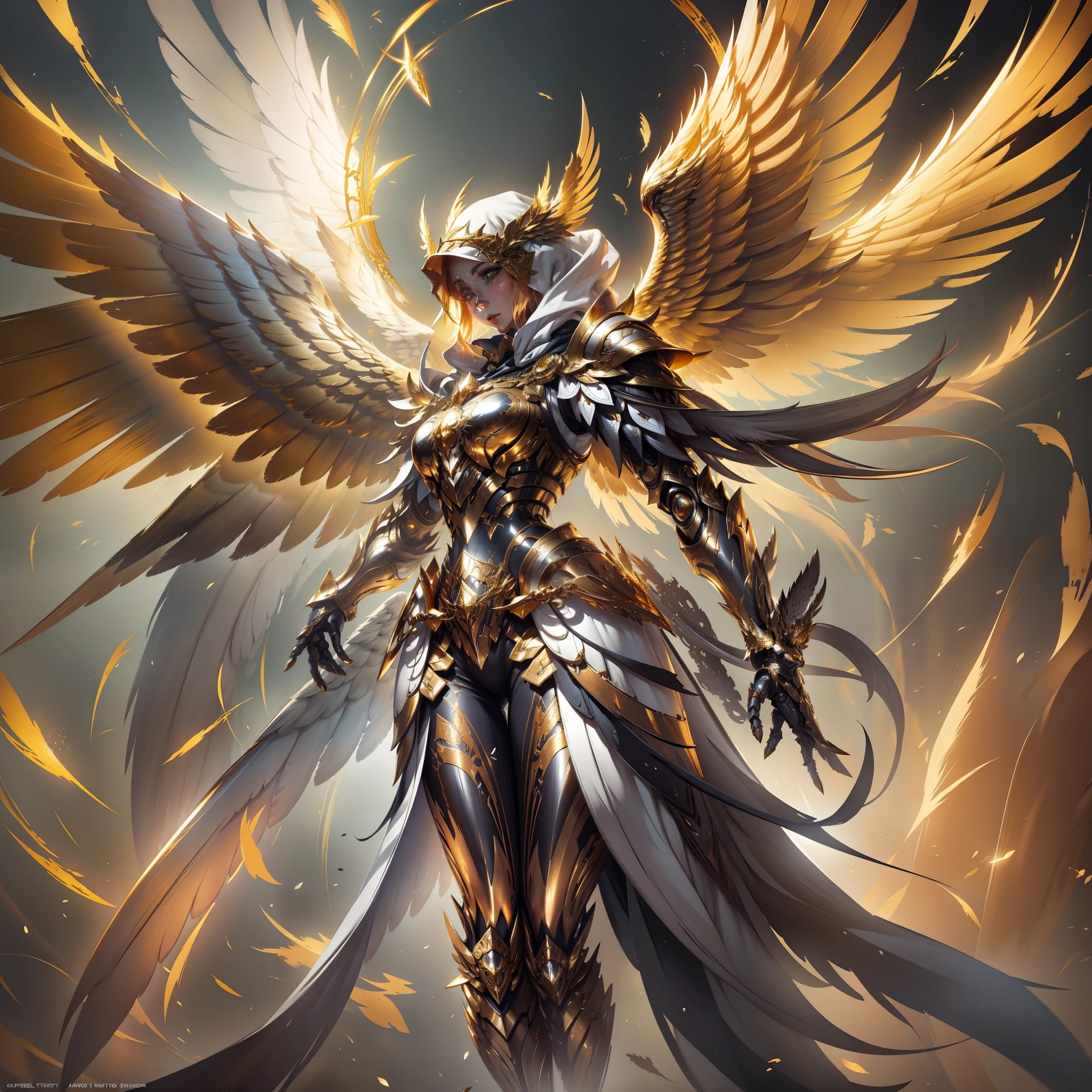 金色の鎧を着た天使, エネルギーでできた翼, メタルこんにちは, 顔なし, フード付き, 金, ファンタジー, コンセプトアート, 超リアル, キャラクターアート：グレッグ・ルトコウスキー