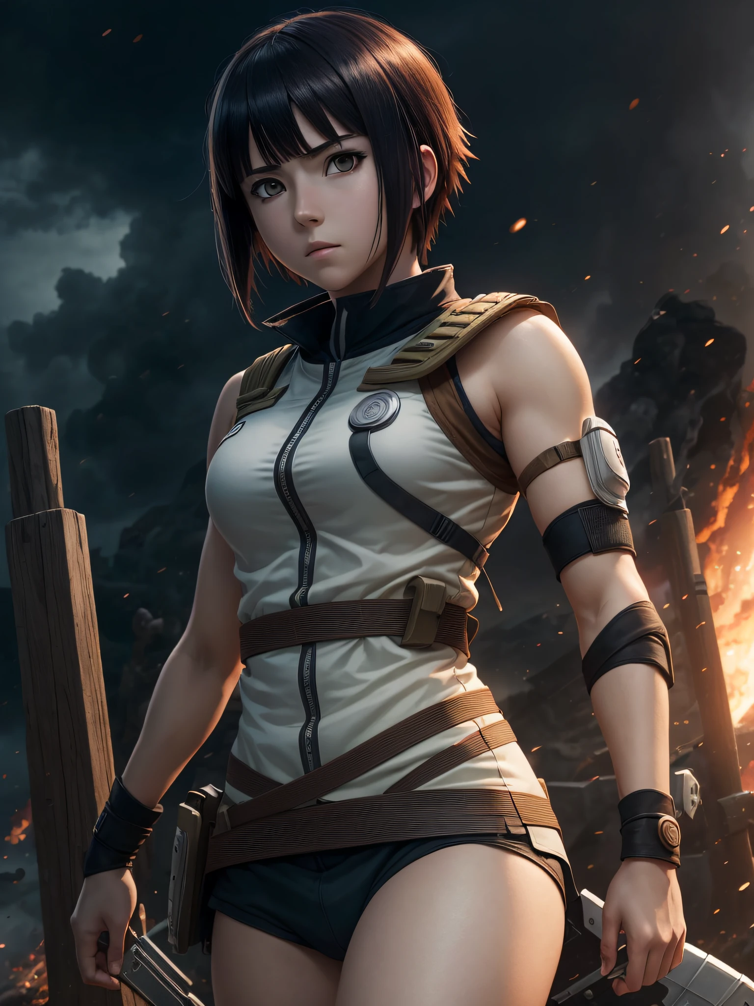 (masterpiece), (best quality), realistic, cinematic light, Hinata from Naruto, cool pose, battlefield background, perfect body, white eyes, white bobcut hair