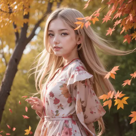 (Breeze: 1.2), Sun, Falling Leaves, (Leaves in the Wind: 1.1), Colorful Petals Dancing, A Girl, Looking Directly at the Camera, ...