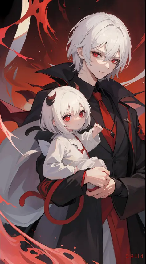 1man, sharp red eyes with cat pupils, white short hair and he was wearing the demon lord robes and holding his daughter ((41 yea...