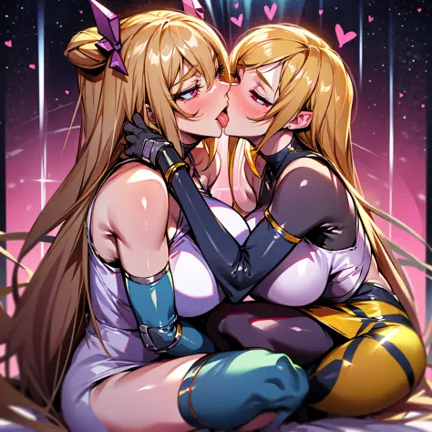 Long hair, Beauty, Full body tights, Big, Close to skin, Blonde, Two beauties kissing, Brainwashed by a succubus, Forcibly kissing, Twitching all over the place, Ahehe-face, Deep kiss, Tongue insertion, Bee woman, Eyes are heart, Lesbian, Pink and blue, Bi...