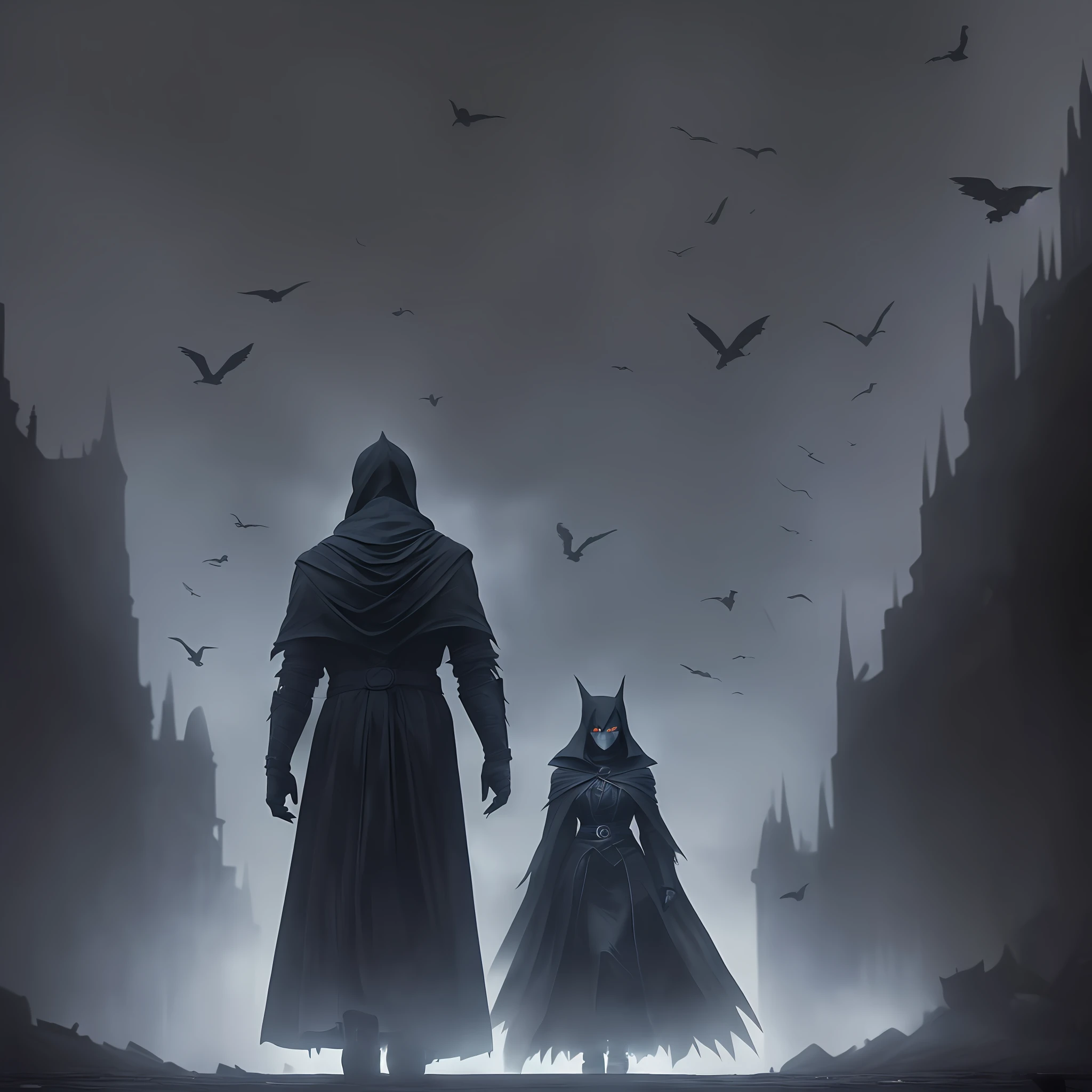 A couple of people standing in front of a castle with bats flying ...