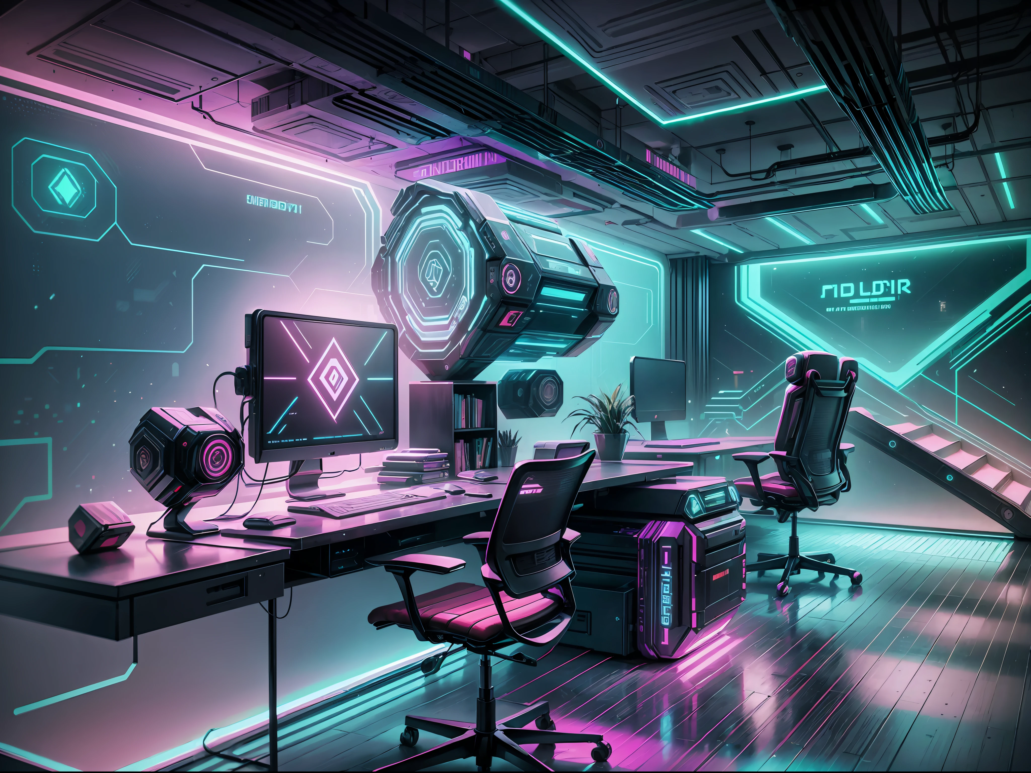 Interior design for a cypherpunk vibe office: holographic screens and floating chairs. The space is futuristic and messy with technical gear and tools strewn about. Colorful neon lights add to the cyberpunk vibe.