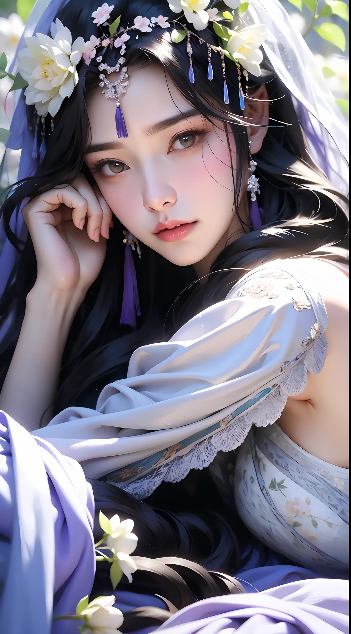1 girl, upper body portrait close-up, black hair, flowing hair, hazy beauty, extremely beautiful facial features, purple embroidered dress, hairpin on head, lying in a flower bush, hands on the face, perfect anatomy, white flowers, (spring, rainy days, terraces, mountains), simple vector art, contemporary Chinese art, soft light, entangled scarf, looking down