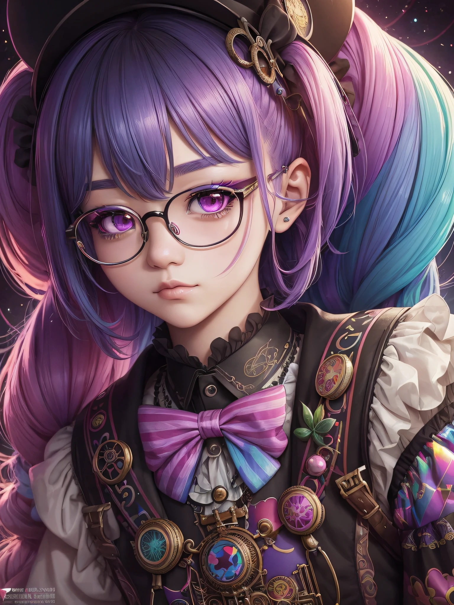 una persona con gafas, un dibujo detallado, por WLOP, ropa arcoiris, portada cómica, diseño de personajes candypunk, “uwu la persona prismática, Saturado altamente detallado, CG original, chica payaso, camafeo, e - niña, estrella kpop coreana, Panel de negro, panda, arte steampunk de alta calidad