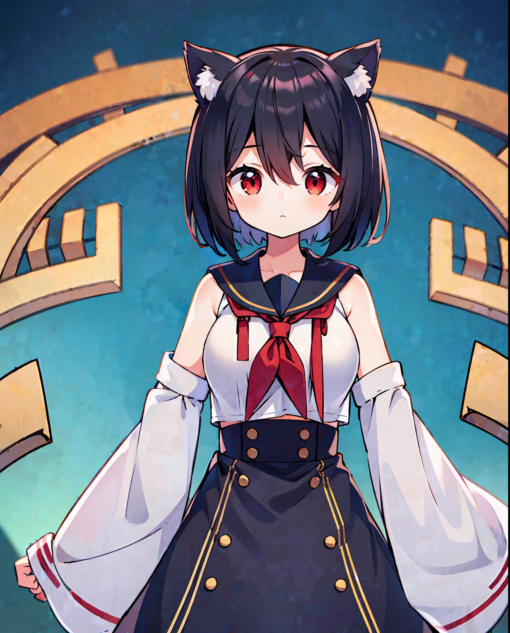 1girl,cat ears ,medium  ,black hair ,red eyes ,short hair ,red hairpin ,messy hair,hair between eyes ,(half body ,standing ,wide sleeves ,sailors shirt)