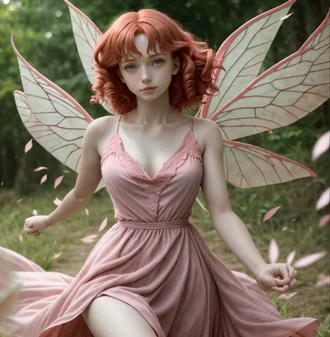 (masterpiece, best quality, high resolution: 1.4), 1girl, fairy wings pink dress, curly red hair, HD, photography, film, cinemat...