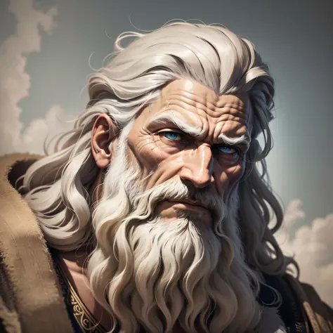 Only the close face of a bearded man, face -colored face, epictetus, portrait Zeus, Father Time, Furious God Zeus portrait of Zeus, Moses, The God Zeus, Stoic, Divine and Stoic Face, Stoicism, Amazing resemblance, old wise, Michelangelo ArtStyle, Greek god...