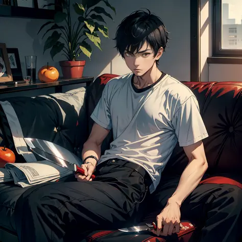 A 20-year-old man, dressed in casual clothes, sitting on a sofa, holding a fruit knife in his hand, short black hair, red eyes, messy room, lighting, 8k, high quality, high resolution