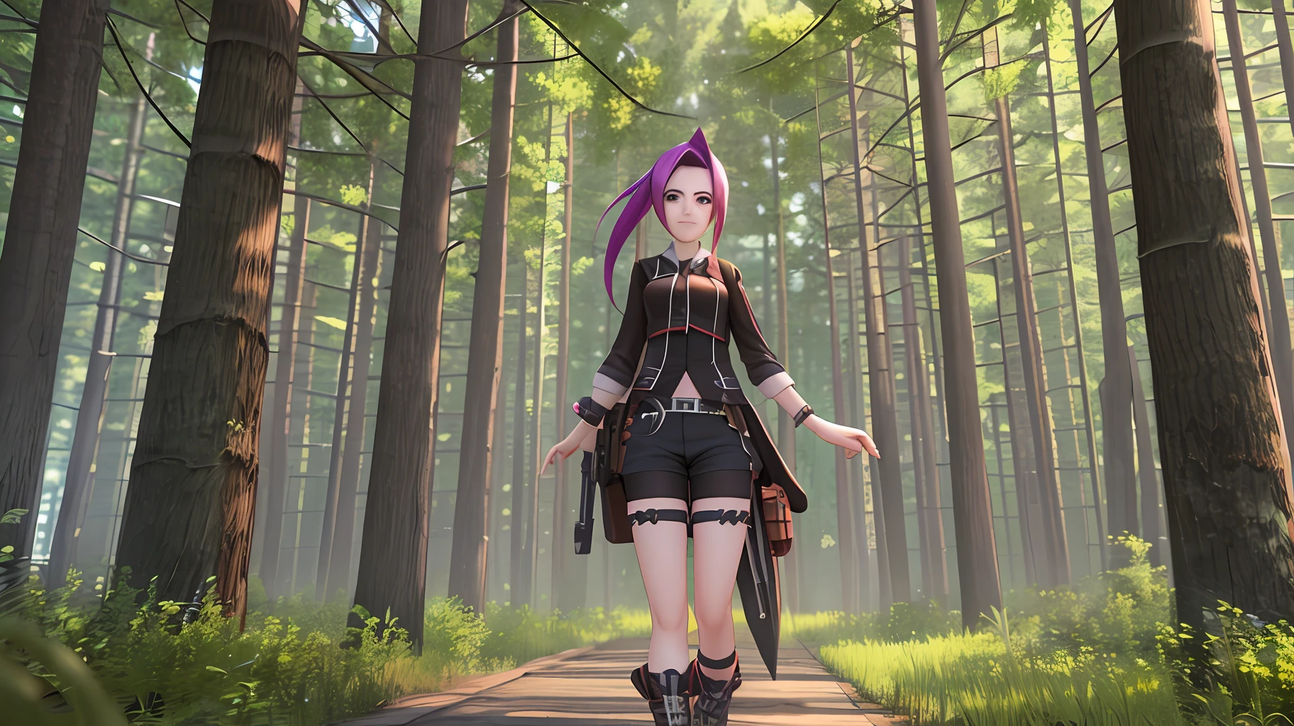 Jinx character, 3d render image of video game with short clothes in forest --auto --s2