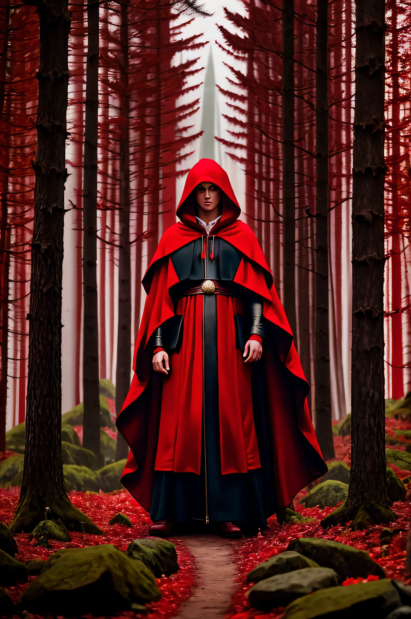 arafed image of a hooded man in a red cloak in a forest, hooded figure surreal, red hoods, dressed in a beautiful red cloak, wearing cultist red robe, red hooded mage, thief red riding hood, hooded cloaked sith lord, hooded figure, fantasy rpg symmetrical portrait, red cloak, red and black cape and hoodie, red robes