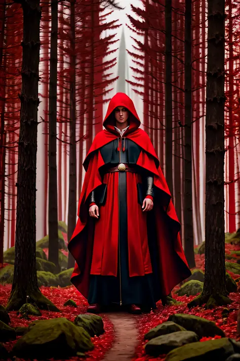 arafed image of a hooded man in a red cloak in a forest, hooded figure surreal, red hoods, dressed in a beautiful red cloak, wea...