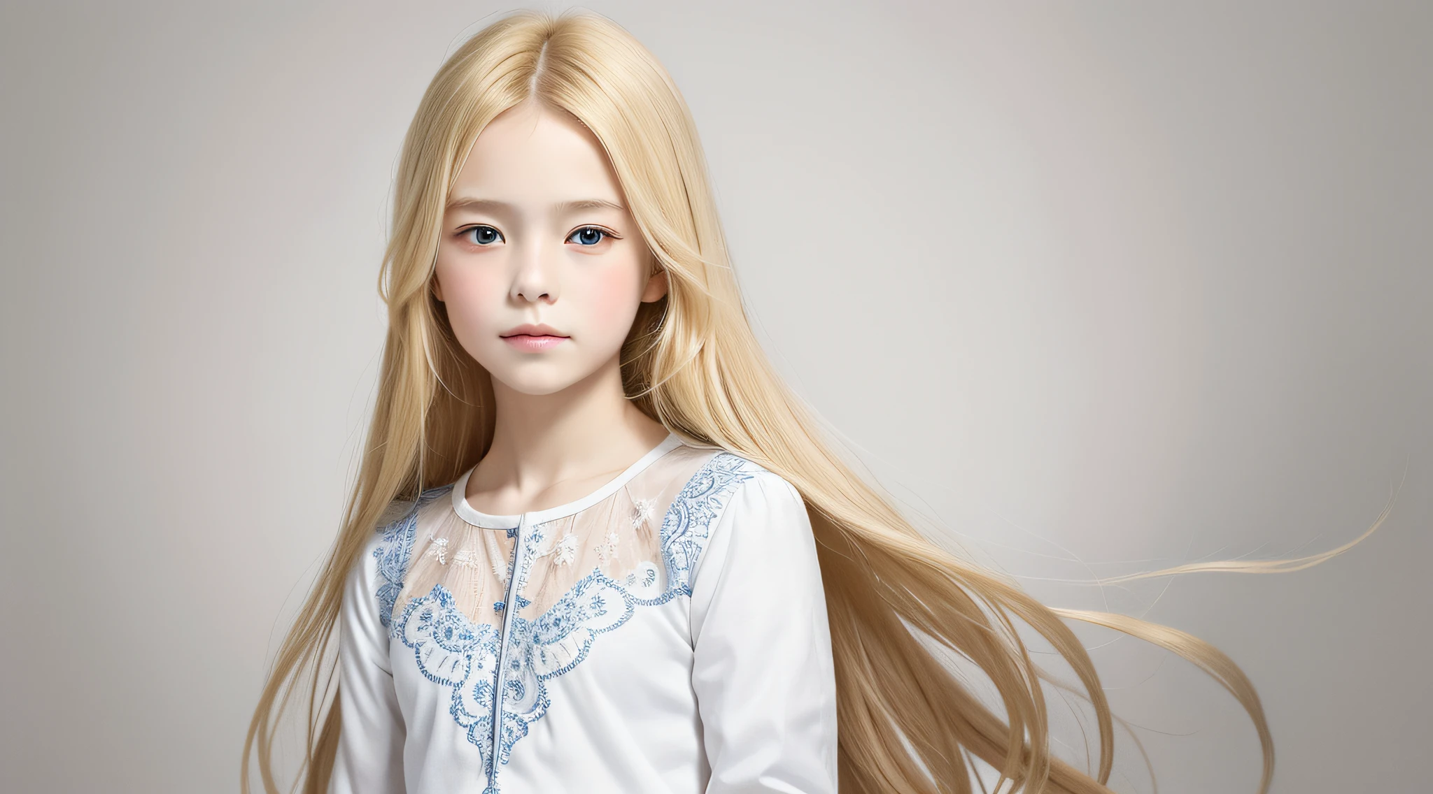 masterpiece, best quality, realistic, 10 year old  girl with blonde hair OF TRANCES, long hair, broad shoulders, small head, upper body, (white background: 1.3), mouth closed.