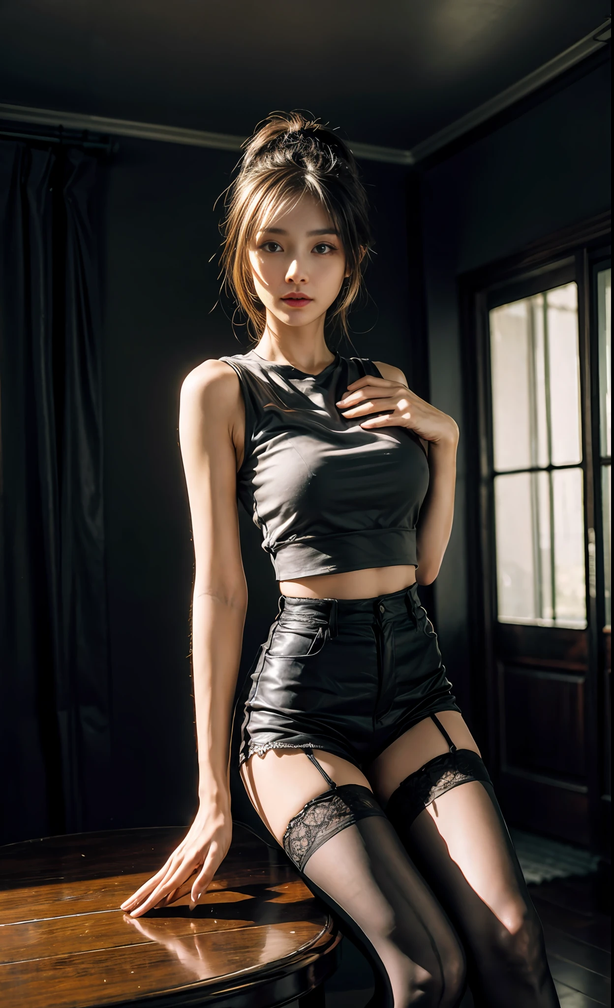 Best quality, masterpiece level, intricate details, high-precision graphics, ultra-HD quality, detailed shadows, fantastic atmosphere, dark background, shadow effect, local light, a pure beauty girl, personal solo display, exquisite and detailed face and eyes, real skin fit, black and white contrast scheme, high waist and slender leg line, shorts with stockings, (sleeveless T-shirt for top, full body presentation),