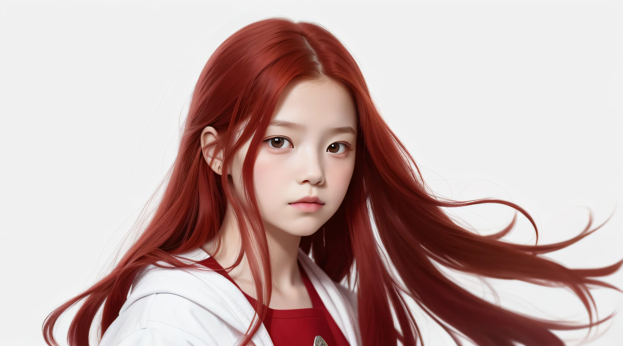 masterpiece, best quality, realistic, 10 year old child girl with RED hair, long hair, broad shoulders, small head, upper body, (white background: 1.3), mouth closed.