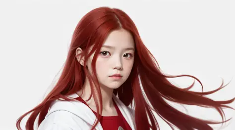 masterpiece, best quality, realistic, 10 year old child girl with RED hair, long hair, broad shoulders, small head, upper body, ...