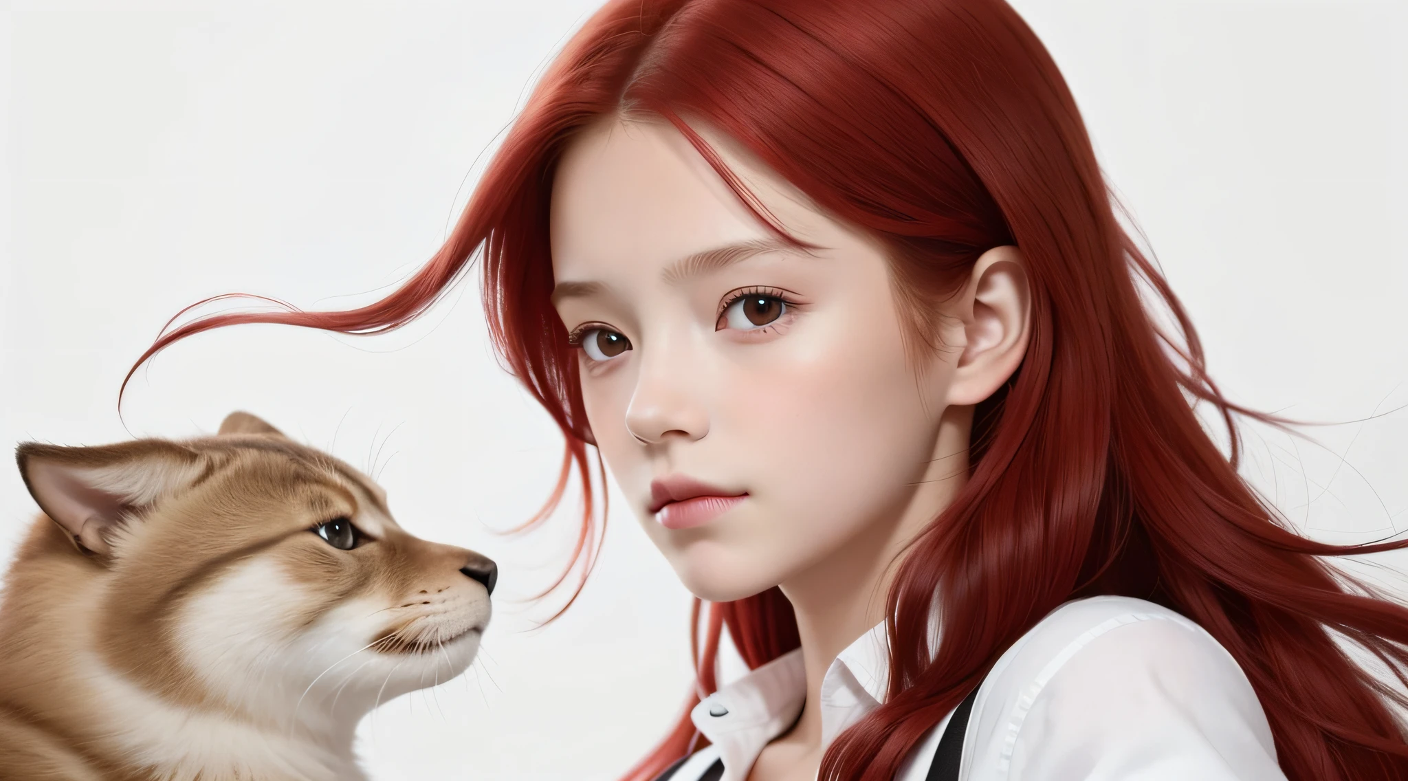 masterpiece, best quality, realistic, 10 year old  girl with RED hair, long hair, broad shoulders, small head, upper body, (white background: 1.3), mouth closed.