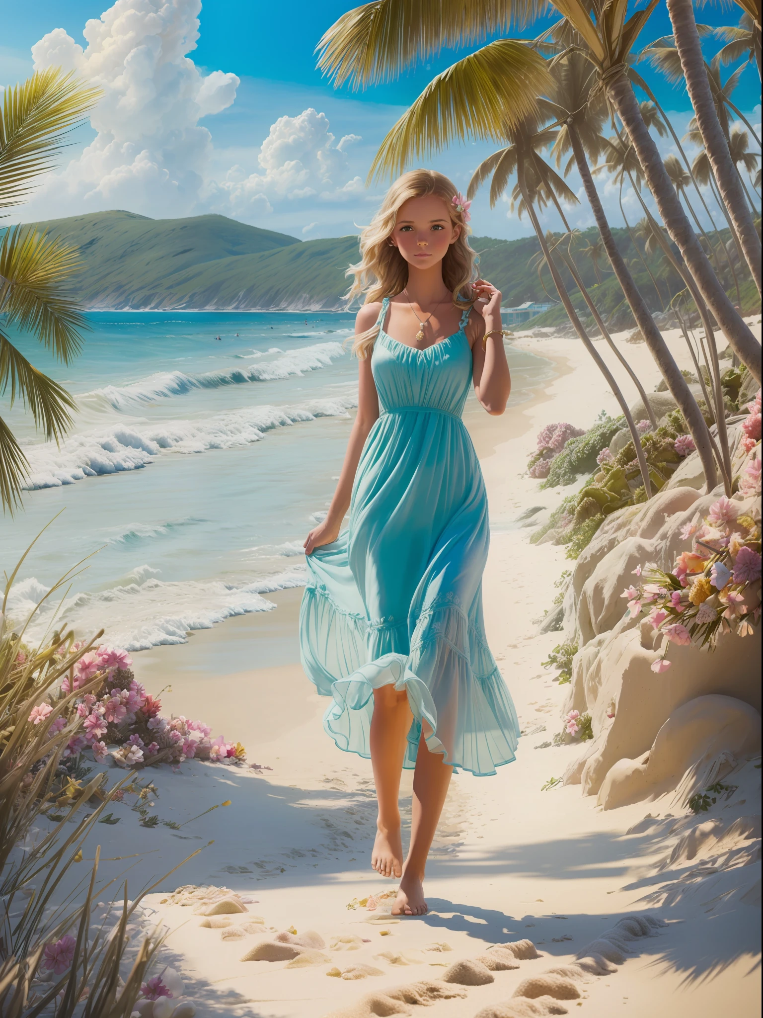 ((最好的品質)), ((傑作)), (詳細的), (健康), 穿著飄逸太陽裙的女孩, 赤腳走在沙灘上, (海灘極樂:1.2), (奧莉薇亞·博蒙特:1.1), (塔拉·麥克弗森:1.1), 寧靜的海岸風光, (柔和的色彩:1.2), (輕鬆的氣氛:1.1), (中景:1.1), 8k分辨率