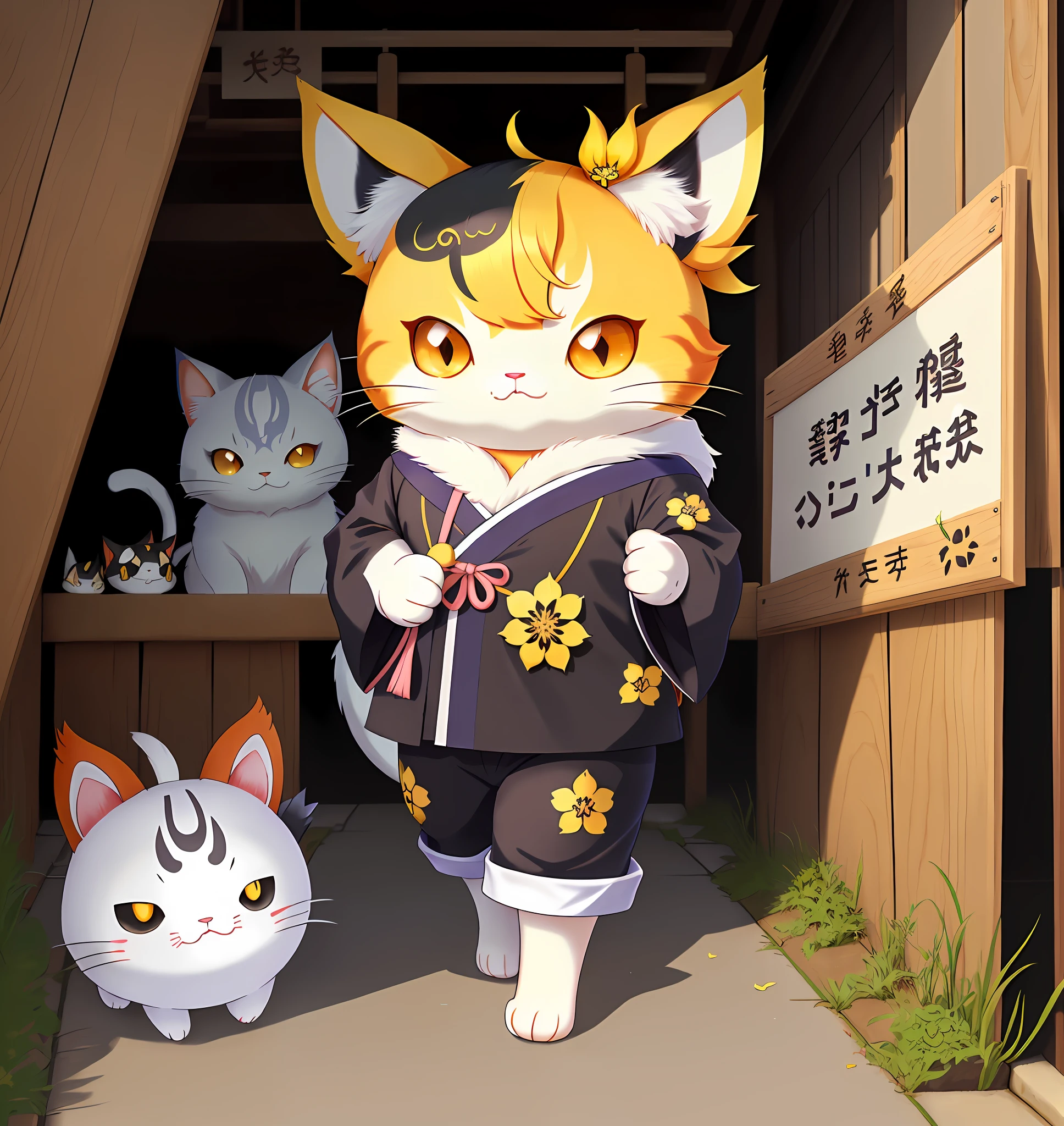 cartoon cat with a flower and a sign that says fufu, kawaii cat, fat chibi grey cat, nekomimi, japanese mascot, onmyoji, onmyoji detailed art, telegram sticker, anime cat, onmyoji portrait, anime visual of a cute cat, maplestory mouse, by Gatōken Shunshi, character art of maple story