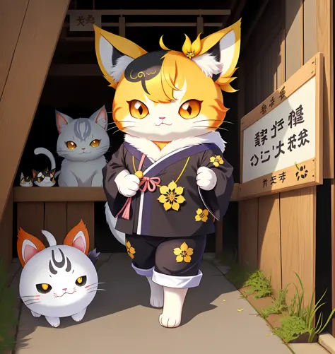 cartoon cat with a flower and a sign that says fufu, kawaii cat, fat chibi grey cat, nekomimi, japanese mascot, onmyoji, onmyoji...