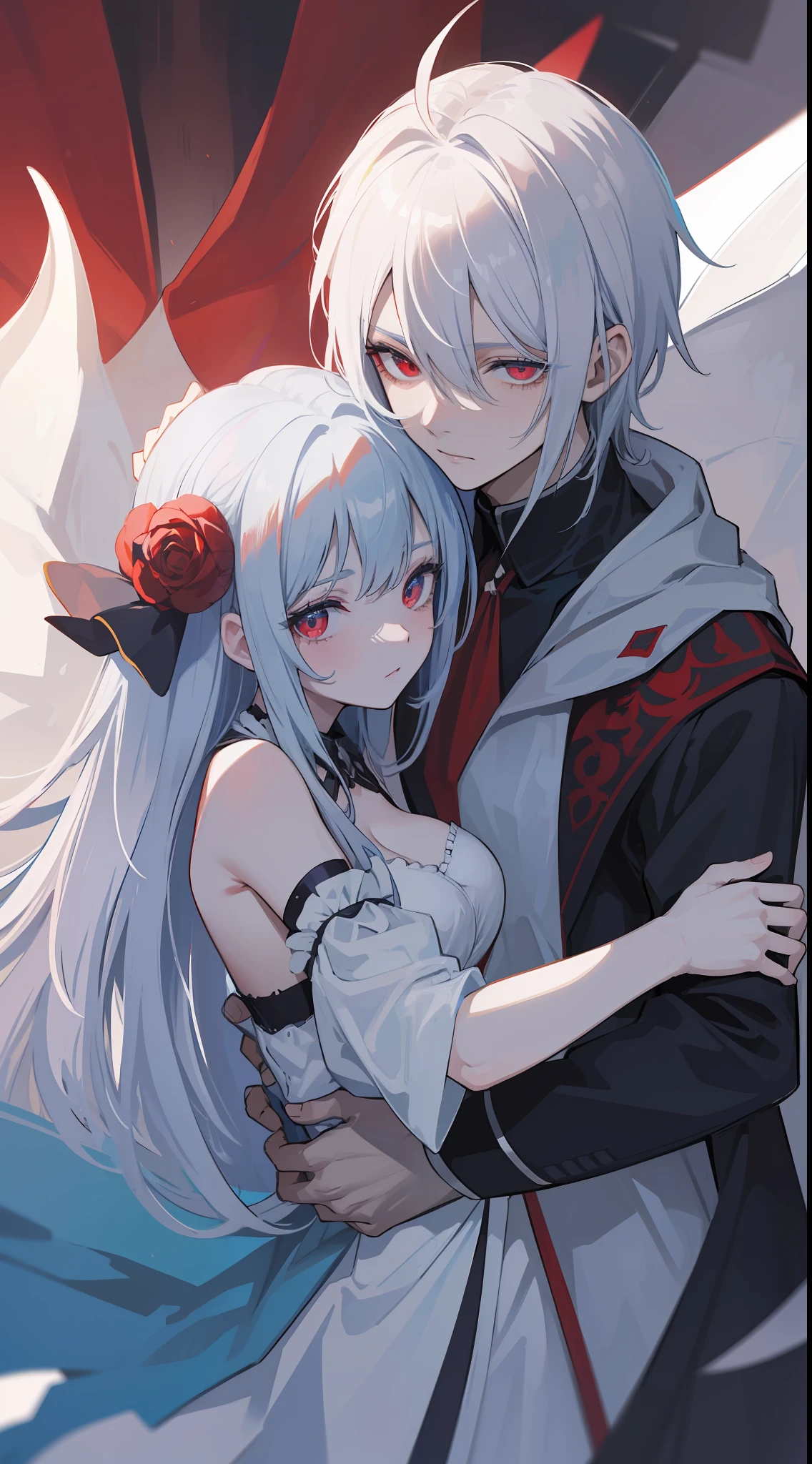 1man, sharp blue eyes with sharp pupils, white sharp hair and he was wearing the demon king robes and hug his red eyes wife((41 year old face))