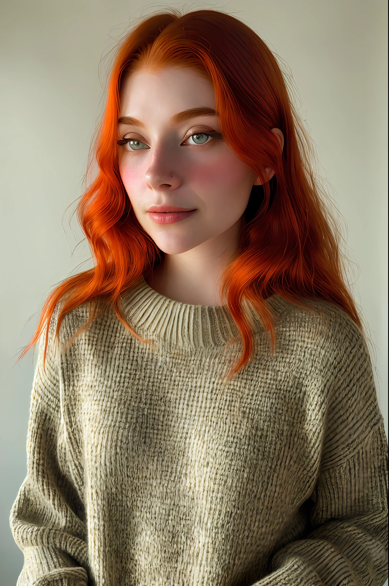 wearing (sweater), portrait, beautiful face, red hair, beautiful eyes, open eyes, hyper realistic, realistic texture, natural lighting, unreal engine, trend in artstation, cinestill 800,