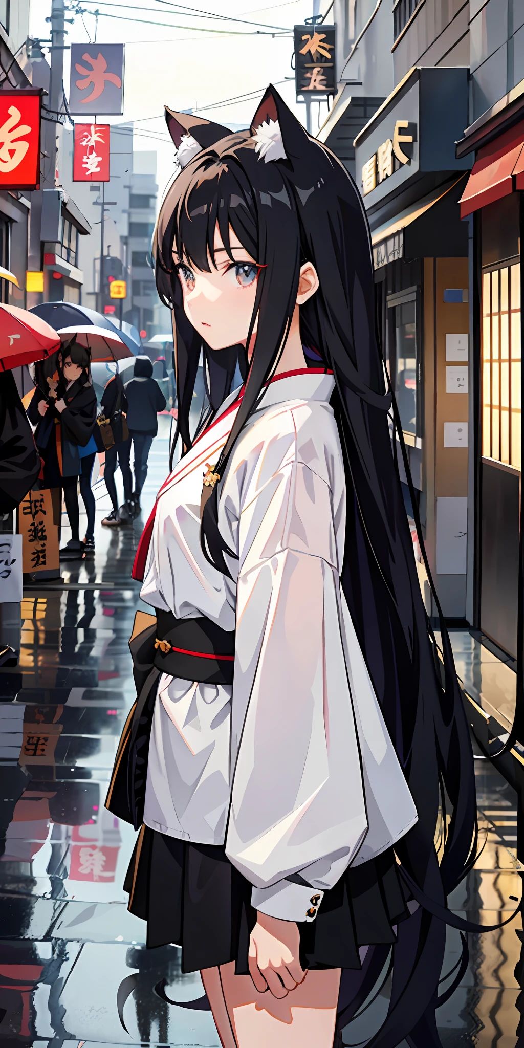 Japanese manga heroine, two-dimensional girl, anime girl, long hair, side face, furry hair ornament, side face girl, street background, rainy day, pure, cute girl, white top, black jeans, delicate eye portrayal, beautiful hair