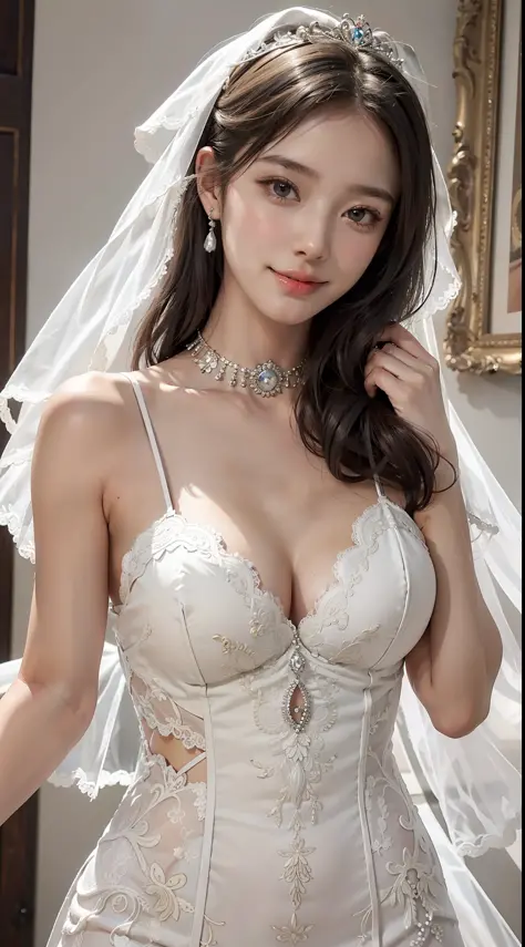 1 girl, smile, shiny skin, delicate face, best quality, masterpiece, (realistic: 1.4), wedding dress, random hairstyle, perfect figure, big breasts, princess