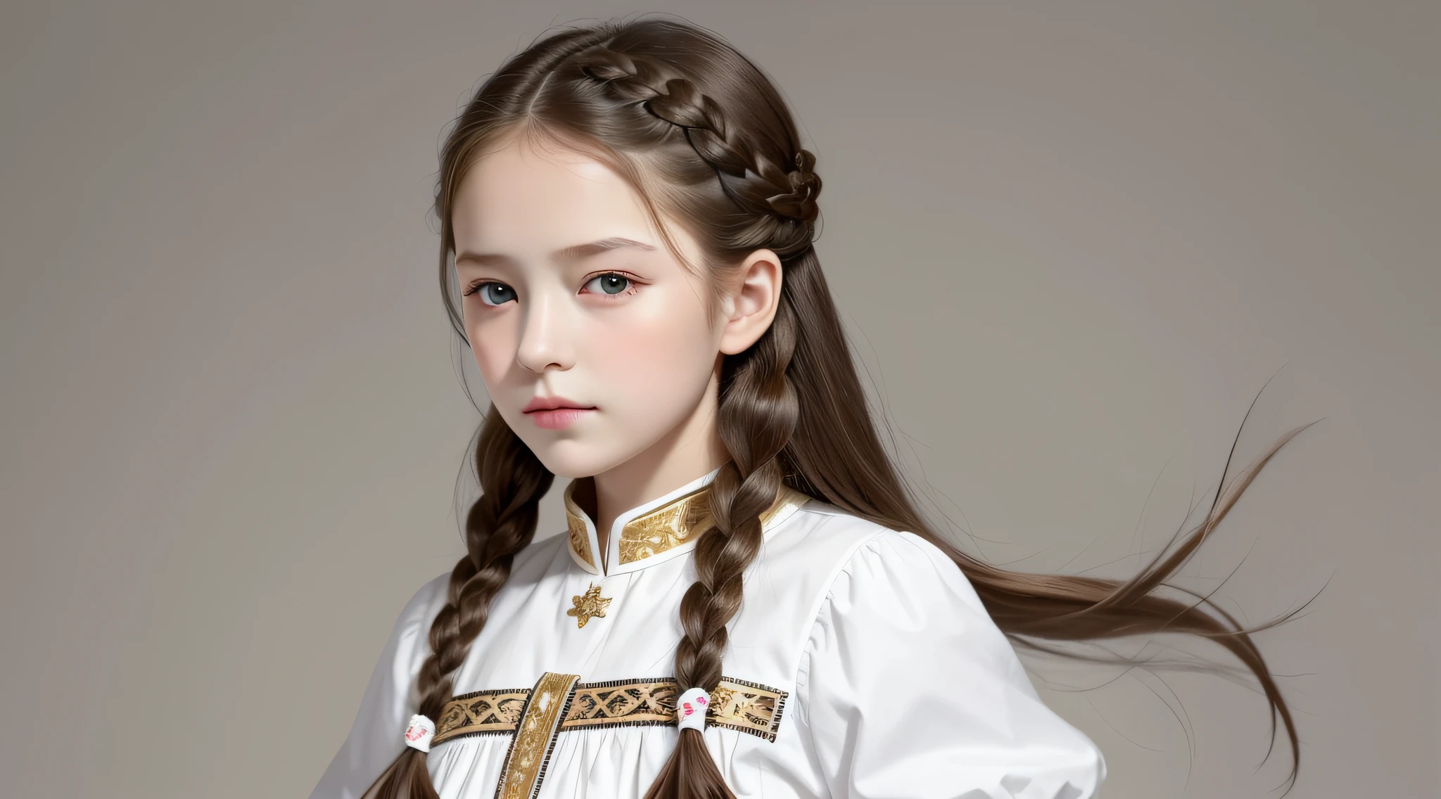 masterpiece, best quality, realistic, girl  RUSSIAN 10 years old hair BONDE BRAIDS, long hair, broad shoulders, small head, upper body, (white background: 1.3), mouth closed.