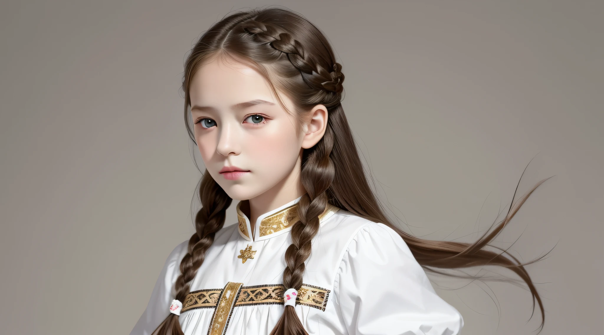 masterpiece, best quality, realistic, girl child RUSSIAN 10 years old hair BONDE BRAIDS, long hair, broad shoulders, small head, upper body, (white background: 1.3), mouth closed.