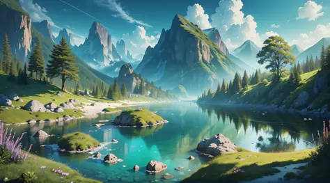 (an extraordinary magical landscape),(best quality, ultra-detailed),(best illumination, best shadow),dramatic sky,impressive mountains,crystal-clear river,endless green forest,warm sunlight,flowing grass,sparkling ocean,white sand beach,vivid colors,high s...