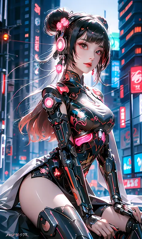 1 girl, Chinese_clothes, metallic black titanium and pink, cyberhan, cheongsam, cyberpunk city, dynamic pose, detailed luminescent headphones, luminous hair accessories, long hair, luminous earrings, glowing necklace, cyberpunk, high-tech city, full of mechanical and futuristic elements, futuristic, technology, glowing neon, pink, pink light, sexy skirt, translucent black cape, laser light, digital background urban sky, big moon, with vehicle, best quality, masterpiece, 8K, Character edge light, super high detail, high quality, the most beautiful woman in human beings, smile, face facing front and left and right symmetry, ear decoration, long antenna glow, beautiful pupils, light effects, visual data, silver-red-orange hair dyed hair, ultra-detailed face texture, happy, weapon system, crowded street passers-by, mecha style, overhead luminous antenna, back jet, girl sitting
