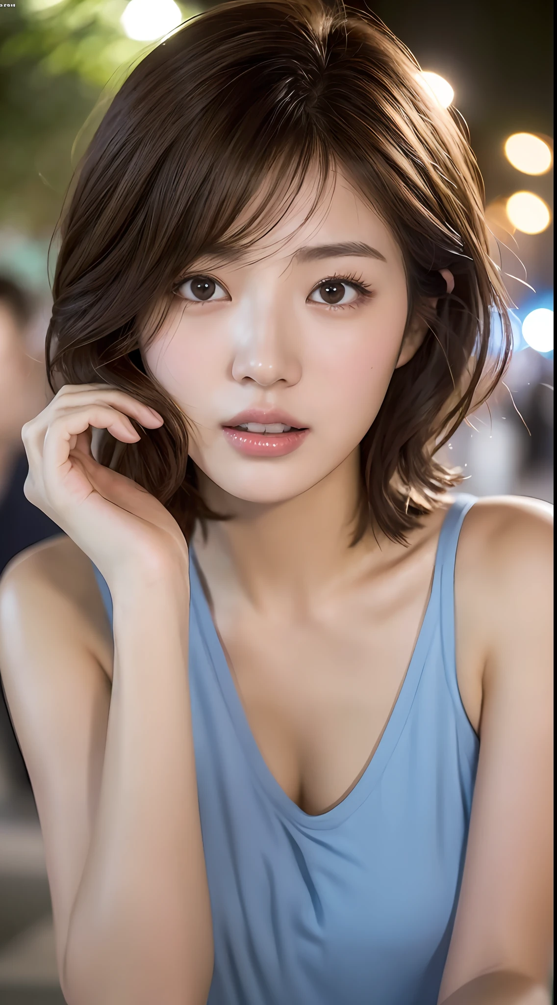 Short Hair Outdoor Fair Skin Disheveled Hair Open Mouth Japan Woman, Super Cute, Soft and Face, Brown Hair, 8K Resolution, Ultra Realistic, Super Definition, Soft Body Toned Ass Night, A Cup Small ((Highest Definition, 8k, Masterpiece: 1.3)), Super Definition Face, Super Definition Lips, Fine Eyes, Double Eyelids