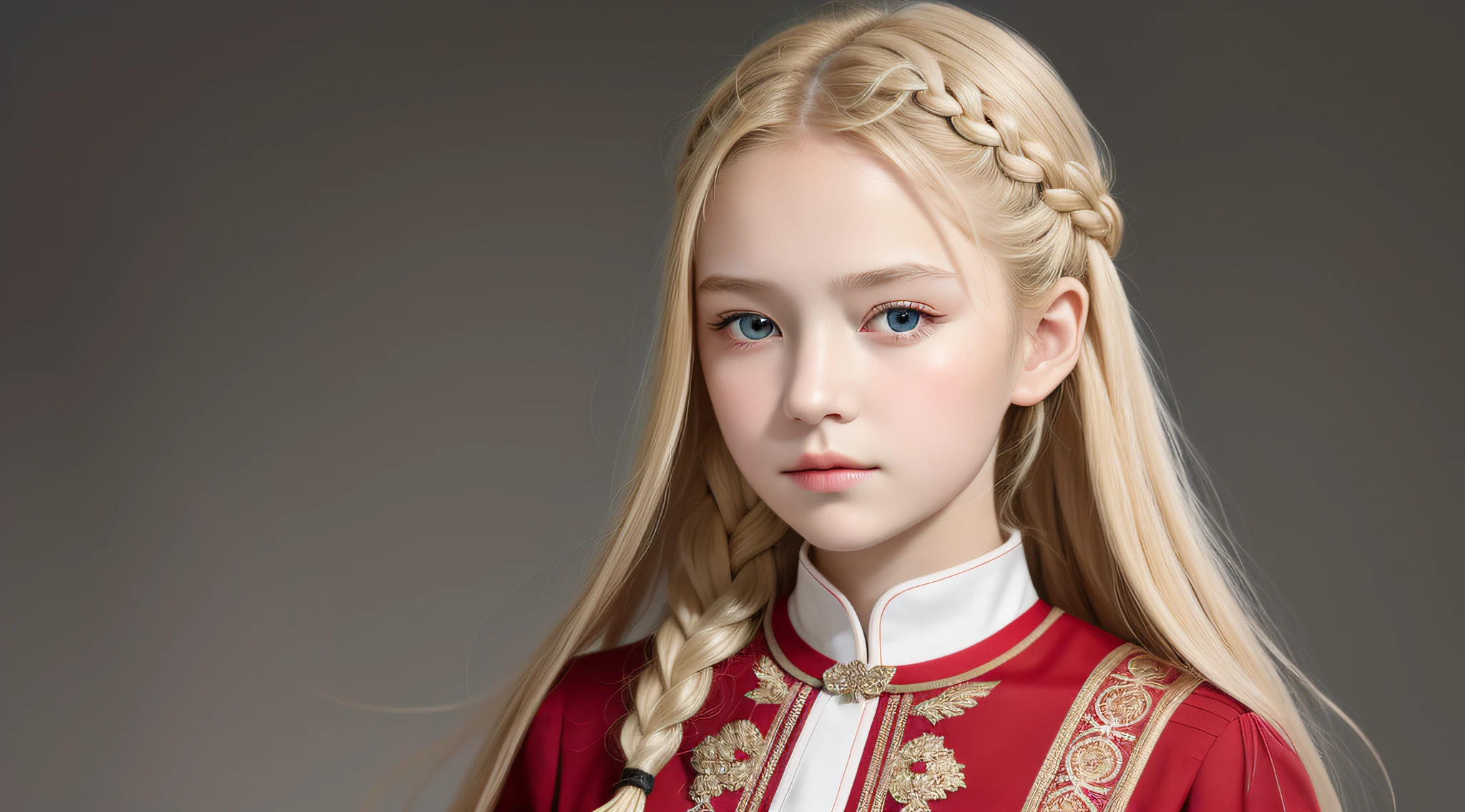 masterpiece, best quality, realistic, girl child RUSSIAN 10 years old, BRAIDED BLONDE HAIR, long hair, broad shoulders, small head, upper body, (white background: 1.3), mouth closed.