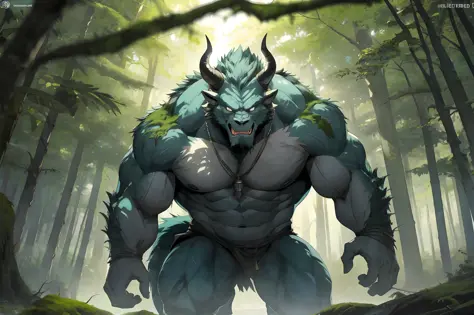 a giant golem in around trees, ((1man)), (monster (huge muscular, big fang, muscular, monster, growing moss in back, nature mons...